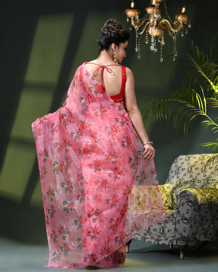 Women`s Printed Organza Saree Semi-Transparent Party, Wear weddings latest, Trending Design sarees Fancy banarasi organza silk saree for Farewell Baby Pink Sarees for Women