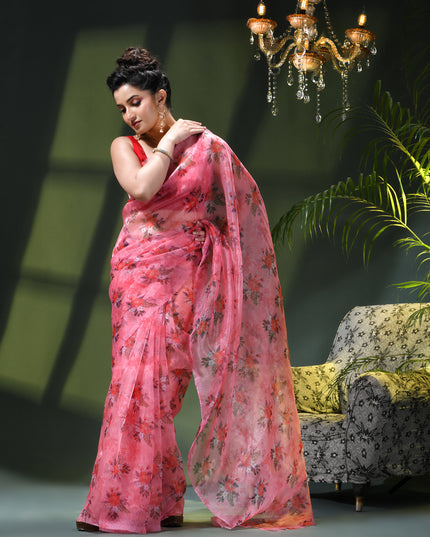 Women`s Printed Organza Saree Semi-Transparent Party, Wear weddings latest, Trending Design sarees Fancy banarasi organza silk saree for Farewell Baby Pink Sarees for Women