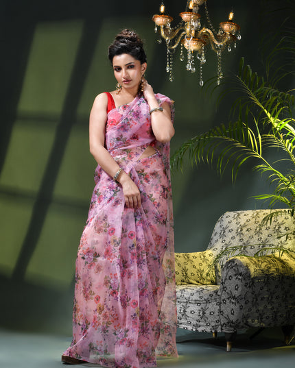 Women`s Printed Organza Saree Semi-Transparent Party, Wear weddings latest, Trending Design sarees Fancy banarasi organza silk saree for Farewell Lavender Sarees for Women