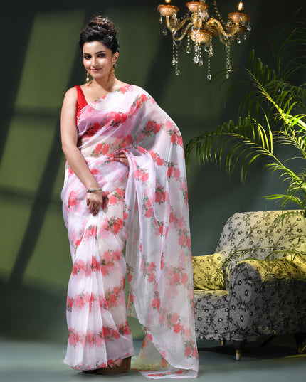 Women`s Printed Organza Saree Semi-Transparent Party, Wear weddings latest, Trending Rose Design sarees Fancy banarasi organza silk saree for Farewell White Red Sarees for Women