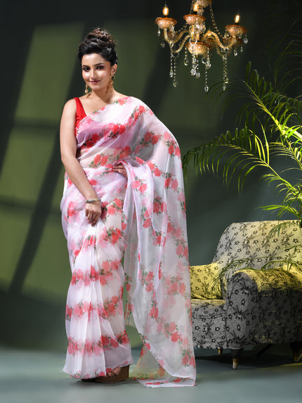 Women`s Printed Organza Saree Semi-Transparent Party, Wear weddings latest, Trending Rose Design sarees Fancy banarasi organza silk saree for Farewell White Red Sarees for Women