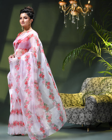 Women`s Printed Organza Saree Semi-Transparent Party, Wear weddings latest, Trending Rose Design sarees Fancy banarasi organza silk saree for Farewell White Red Sarees for Women