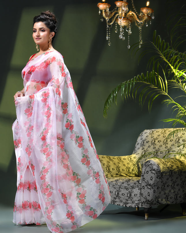 Women`s Printed Organza Saree Semi-Transparent Party, Wear weddings latest, Trending Rose Design sarees Fancy banarasi organza silk saree for Farewell White Red Sarees for Women