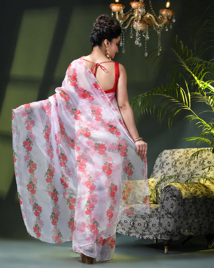 Women`s Printed Organza Saree Semi-Transparent Party, Wear weddings latest, Trending Rose Design sarees Fancy banarasi organza silk saree for Farewell White Red Sarees for Women
