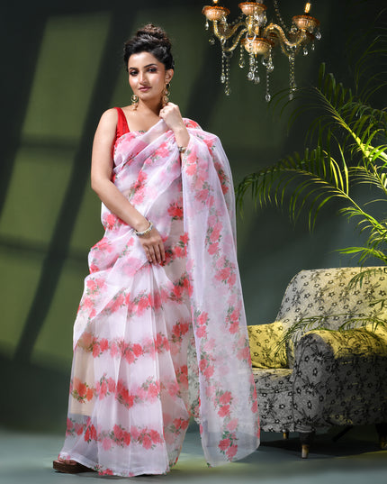 Women`s Printed Organza Saree Semi-Transparent Party, Wear weddings latest, Trending Rose Design sarees Fancy banarasi organza silk saree for Farewell White Red Sarees for Women