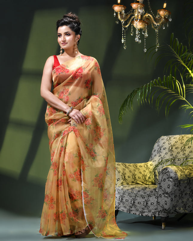 Women`s Printed Organza Saree Semi-Transparent Party, Wear weddings latest, Trending Rose Design sarees Fancy banarasi organza silk saree for Farewell White Nude Sarees for Women