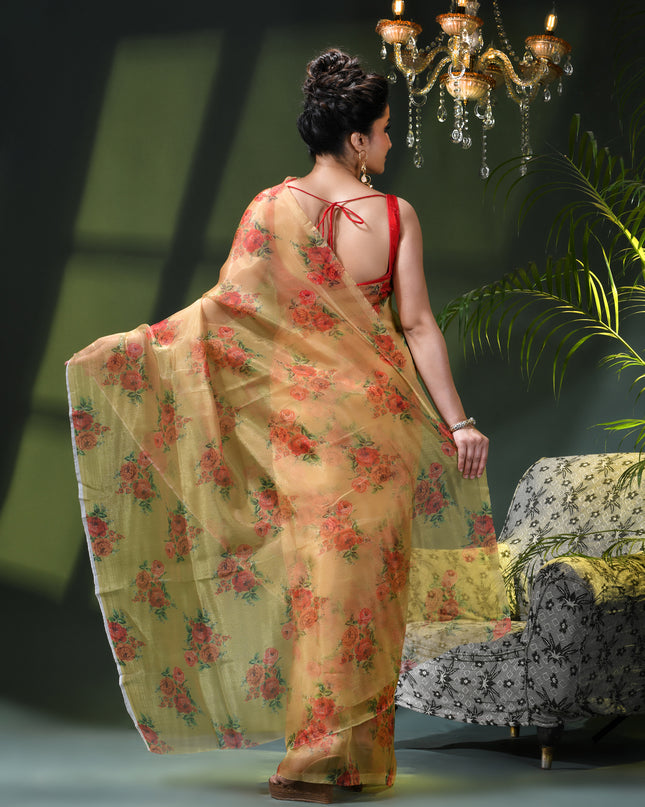 Women`s Printed Organza Saree Semi-Transparent Party, Wear weddings latest, Trending Rose Design sarees Fancy banarasi organza silk saree for Farewell White Nude Sarees for Women