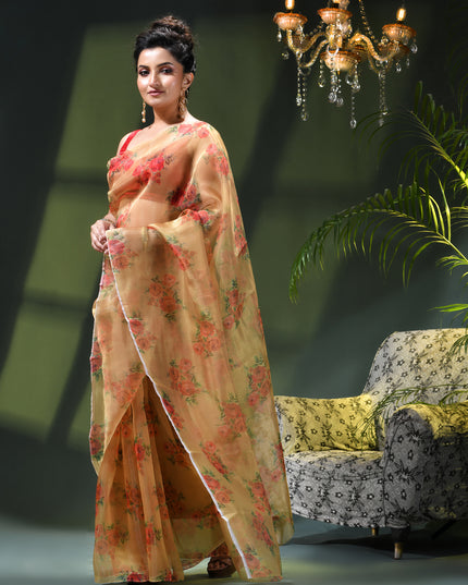 Women`s Printed Organza Saree Semi-Transparent Party, Wear weddings latest, Trending Rose Design sarees Fancy banarasi organza silk saree for Farewell White Nude Sarees for Women