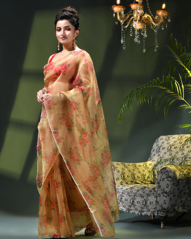 Women`s Printed Organza Saree Semi-Transparent Party, Wear weddings latest, Trending Rose Design sarees Fancy banarasi organza silk saree for Farewell White Nude Sarees for Women