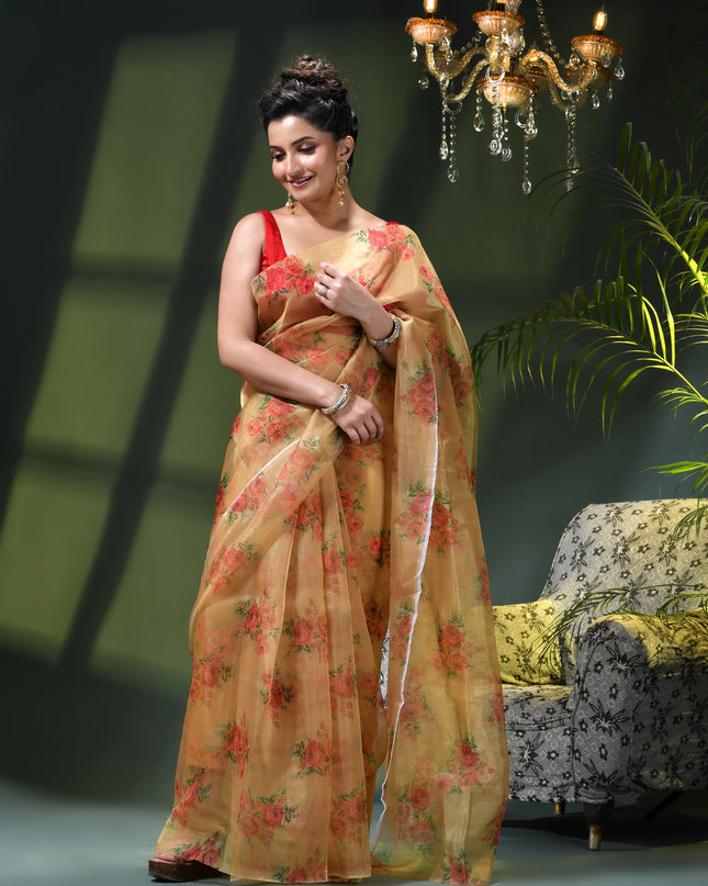 Women`s Printed Organza Saree Semi-Transparent Party, Wear weddings latest, Trending Rose Design sarees Fancy banarasi organza silk saree for Farewell White Nude Sarees for Women