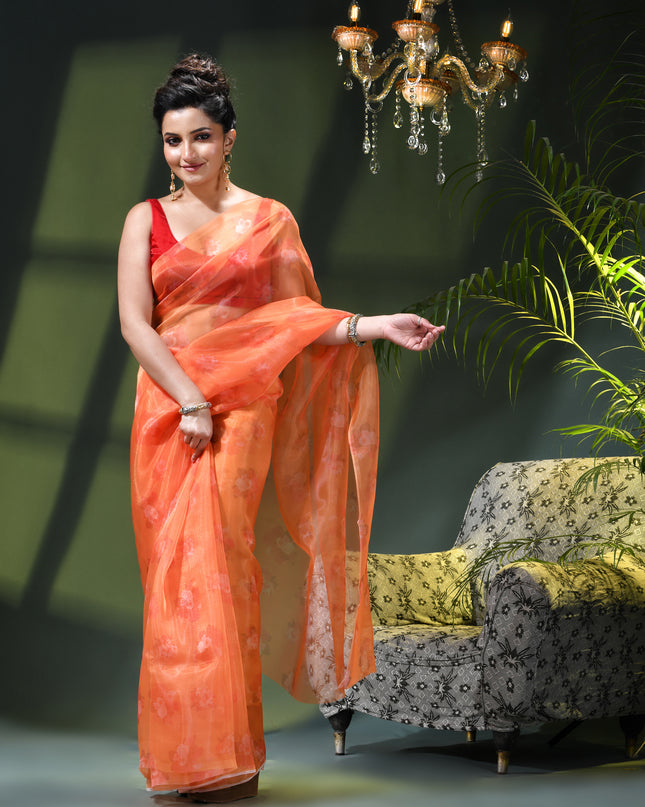 Women`s Printed Organza Saree Semi-Transparent Party, Wear weddings latest, Trending Flower Design sarees Fancy banarasi organza silk saree for Farewell Orange Sarees for Women
