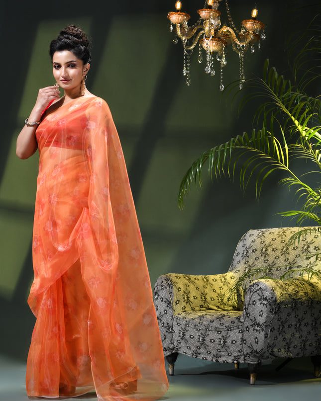 Women`s Printed Organza Saree Semi-Transparent Party, Wear weddings latest, Trending Flower Design sarees Fancy banarasi organza silk saree for Farewell Orange Sarees for Women