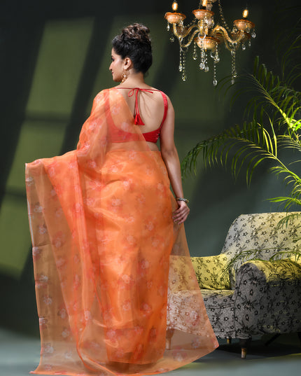 Women`s Printed Organza Saree Semi-Transparent Party, Wear weddings latest, Trending Flower Design sarees Fancy banarasi organza silk saree for Farewell Orange Sarees for Women