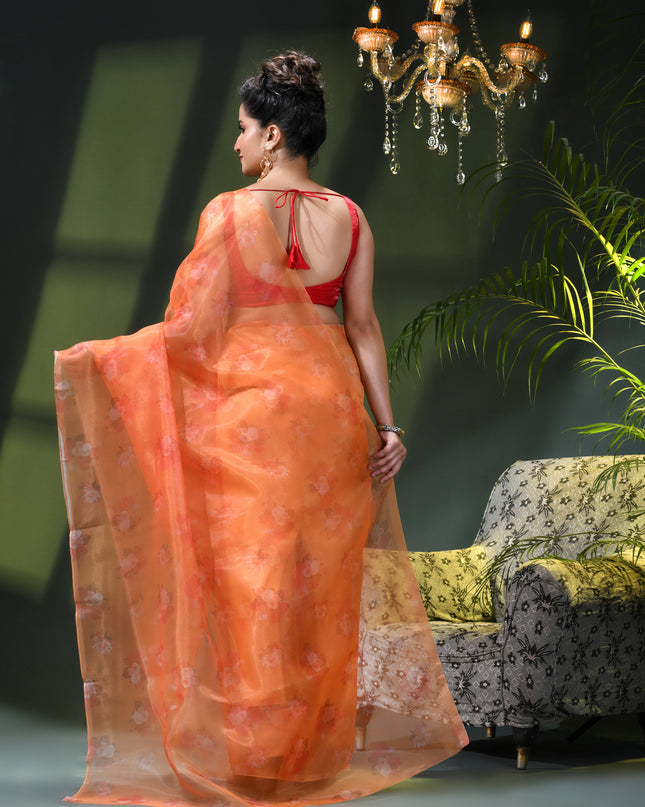 Women`s Printed Organza Saree Semi-Transparent Party, Wear weddings latest, Trending Flower Design sarees Fancy banarasi organza silk saree for Farewell Orange Sarees for Women
