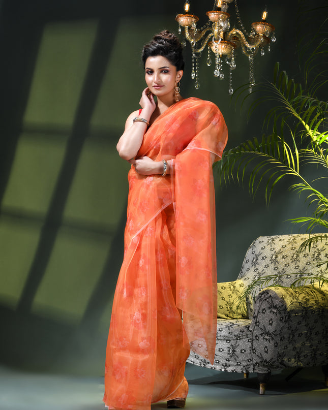 Women`s Printed Organza Saree Semi-Transparent Party, Wear weddings latest, Trending Flower Design sarees Fancy banarasi organza silk saree for Farewell Orange Sarees for Women