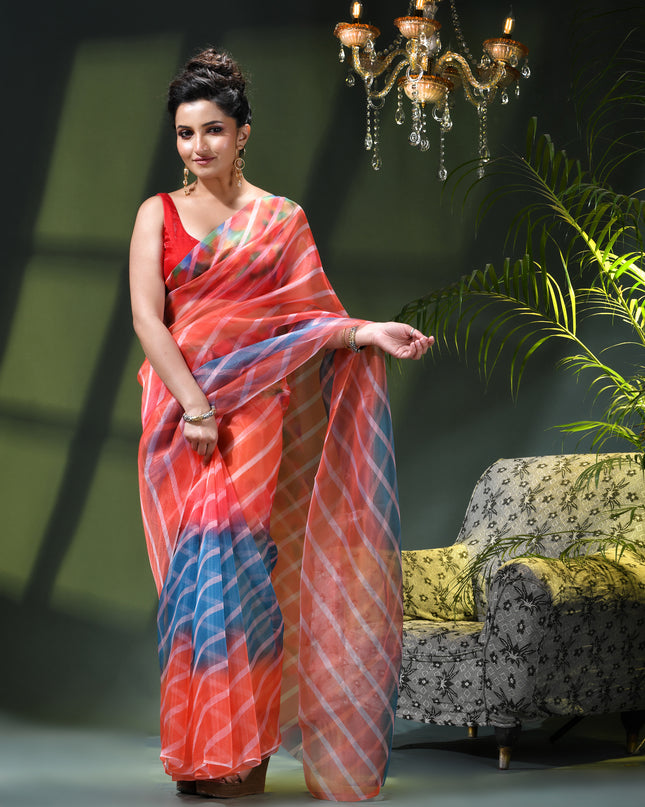 Women`s Printed Organza Saree Semi-Transparent Party, Wear weddings latest, Trending Design sarees Fancy banarasi organza silk saree for Farewell Strip Orange Blue Sarees for Women