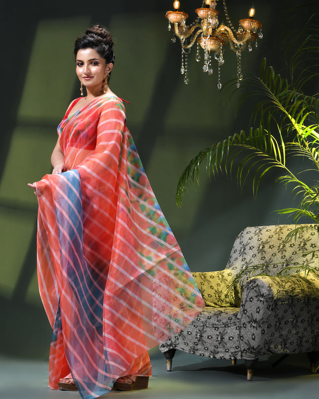 Women`s Printed Organza Saree Semi-Transparent Party, Wear weddings latest, Trending Design sarees Fancy banarasi organza silk saree for Farewell Strip Orange Blue Sarees for Women