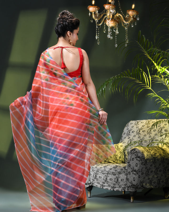 Women`s Printed Organza Saree Semi-Transparent Party, Wear weddings latest, Trending Design sarees Fancy banarasi organza silk saree for Farewell Strip Orange Blue Sarees for Women