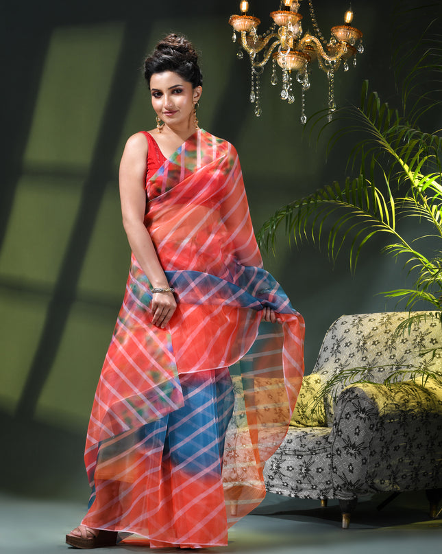 Women`s Printed Organza Saree Semi-Transparent Party, Wear weddings latest, Trending Design sarees Fancy banarasi organza silk saree for Farewell Strip Orange Blue Sarees for Women