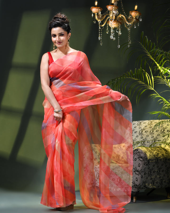 Women`s Printed Organza Saree Semi-Transparent Party, Wear weddings latest, Trending Strip Design sarees Fancy banarasi organza silk saree for Farewell Pink Sarees for Women