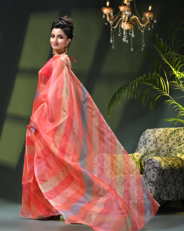Women`s Printed Organza Saree Semi-Transparent Party, Wear weddings latest, Trending Strip Design sarees Fancy banarasi organza silk saree for Farewell Pink Sarees for Women