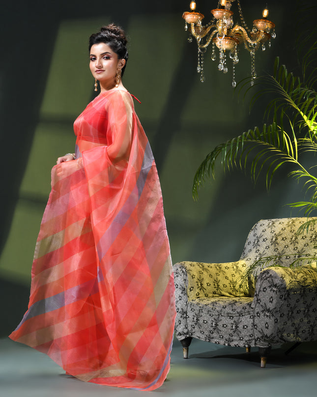 Women`s Printed Organza Saree Semi-Transparent Party, Wear weddings latest, Trending Strip Design sarees Fancy banarasi organza silk saree for Farewell Pink Sarees for Women