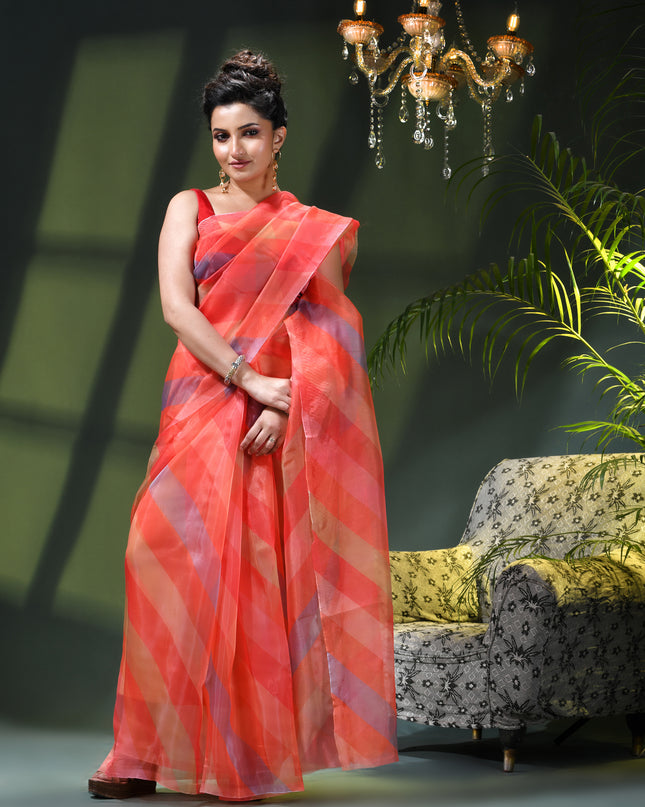 Women`s Printed Organza Saree Semi-Transparent Party, Wear weddings latest, Trending Strip Design sarees Fancy banarasi organza silk saree for Farewell Pink Sarees for Women