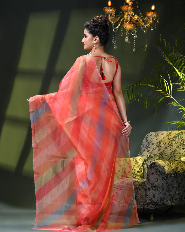 Women`s Printed Organza Saree Semi-Transparent Party, Wear weddings latest, Trending Strip Design sarees Fancy banarasi organza silk saree for Farewell Pink Sarees for Women