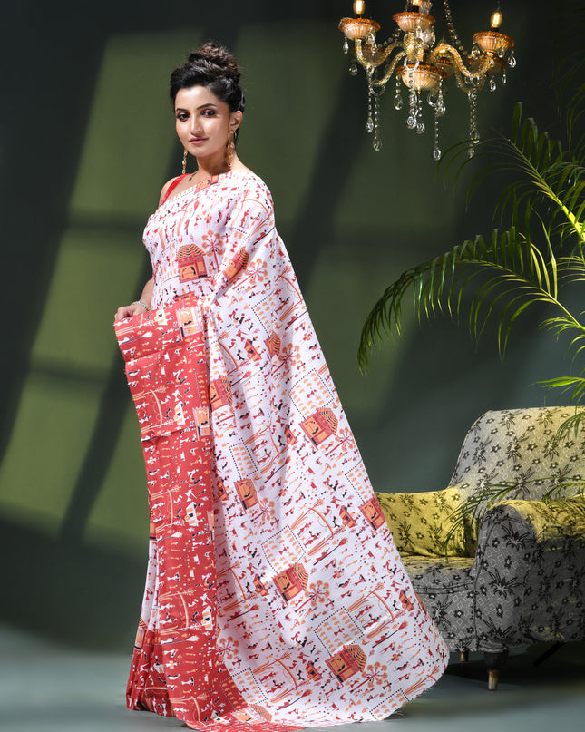Women’s kalamkari silk sarees Fancy satin sarees for women party, wear georgette Pure latest, Printed kalamkari sarees Design Soft Trendy party, wear Silk Sarees for women (White Red)