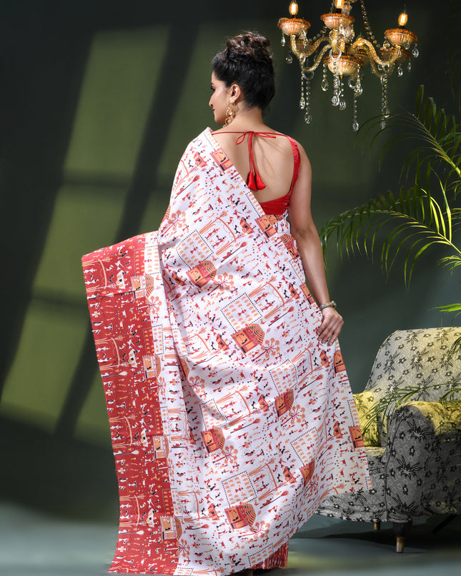 Women’s kalamkari silk sarees Fancy satin sarees for women party, wear georgette Pure latest, Printed kalamkari sarees Design Soft Trendy party, wear Silk Sarees for women (White Red)
