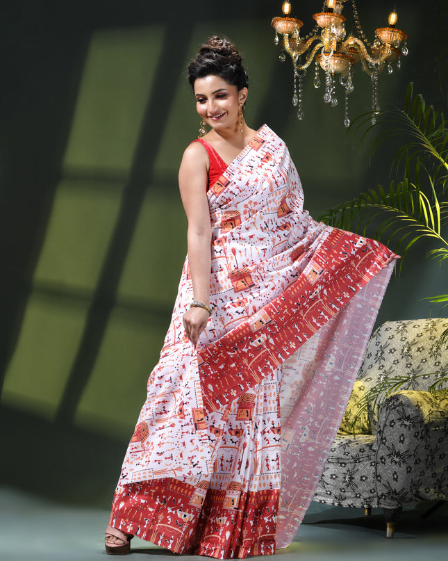 Women’s kalamkari silk sarees Fancy satin sarees for women party, wear georgette Pure latest, Printed kalamkari sarees Design Soft Trendy party, wear Silk Sarees for women (White Red)