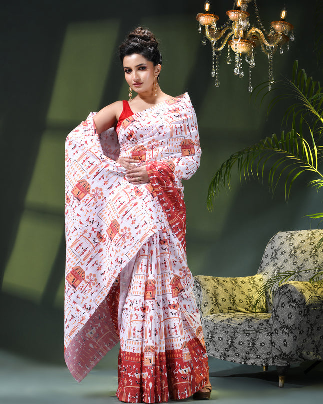 Women’s kalamkari silk sarees Fancy satin sarees for women party, wear georgette Pure latest, Printed kalamkari sarees Design Soft Trendy party, wear Silk Sarees for women (White Red)