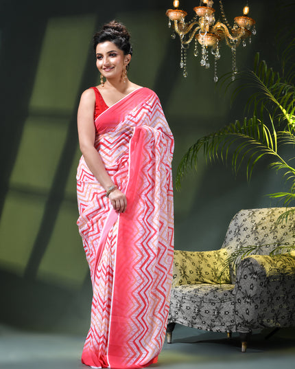 Womens georgette party, wear saree for farewell chiffon sarees women latest Rekhamaya design printed cotton New Sari chiffon silk Saree wedding saree for woman(Red White Orange)