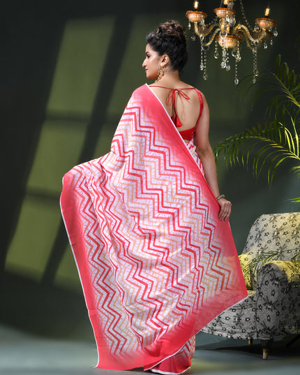 Womens georgette party, wear saree for farewell chiffon sarees women latest Rekhamaya design printed cotton New Sari chiffon silk Saree wedding saree for woman(Red White Orange)