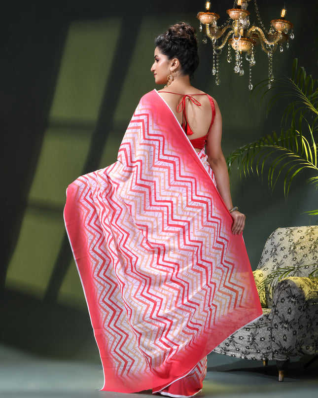 Womens georgette party, wear saree for farewell chiffon sarees women latest Rekhamaya design printed cotton New Sari chiffon silk Saree wedding saree for woman(Red White Orange)