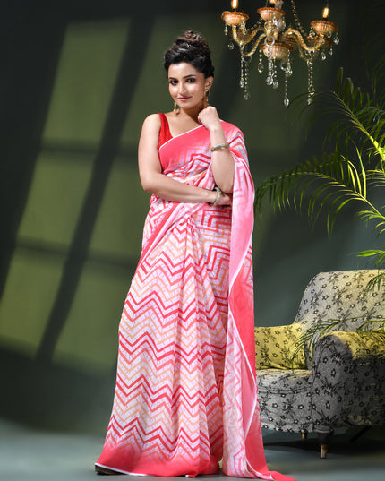 Womens georgette party, wear saree for farewell chiffon sarees women latest Rekhamaya design printed cotton New Sari chiffon silk Saree wedding saree for woman(Red White Orange)