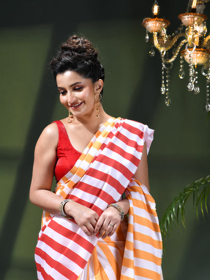Women’s Silk Fancy party, wear saree chiffon georgette Pure crepe sarees for women latest, Suhasini Plain Printed Soft silk Festive wedding Saree With Blouse Piece (Orange Red)