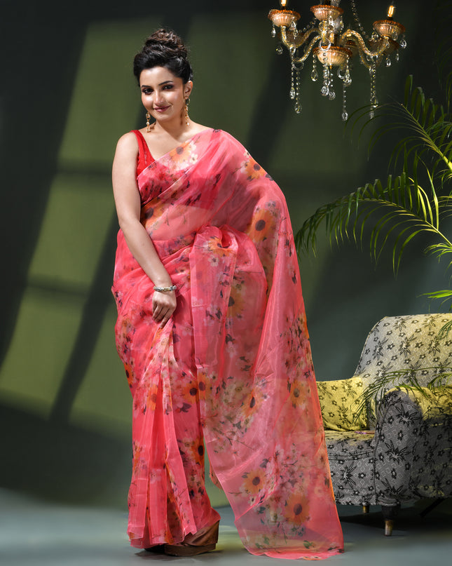 Women`s Printed Organza Saree Semi-Transparent Party, Wear weddings latest, Trending Floral Leaf Design sarees Fancy banarasi organza silk saree for Farewell Pink Sarees for Women