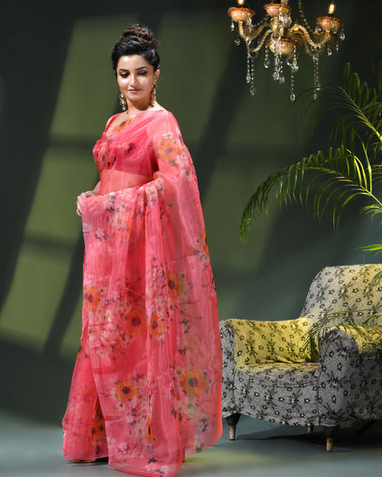 Women`s Printed Organza Saree Semi-Transparent Party, Wear weddings latest, Trending Floral Leaf Design sarees Fancy banarasi organza silk saree for Farewell Pink Sarees for Women