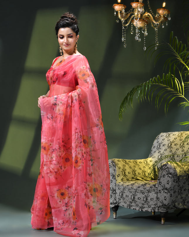Women`s Printed Organza Saree Semi-Transparent Party, Wear weddings latest, Trending Floral Leaf Design sarees Fancy banarasi organza silk saree for Farewell Pink Sarees for Women