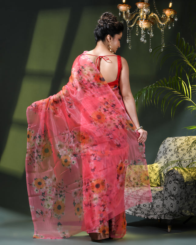 Women`s Printed Organza Saree Semi-Transparent Party, Wear weddings latest, Trending Floral Leaf Design sarees Fancy banarasi organza silk saree for Farewell Pink Sarees for Women