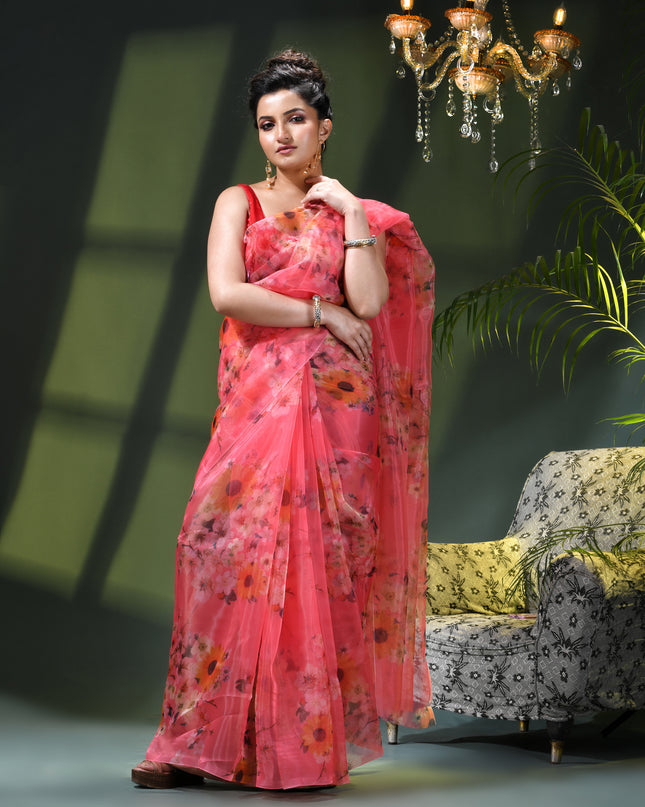 Women`s Printed Organza Saree Semi-Transparent Party, Wear weddings latest, Trending Floral Leaf Design sarees Fancy banarasi organza silk saree for Farewell Pink Sarees for Women