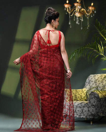 Women’s Net Sequin Embroidered saree Soft Net saree party, wear Chiffon wedding Silk georgette latest, Net sarees Heavy design Function Festive farewell saree for women (Red)