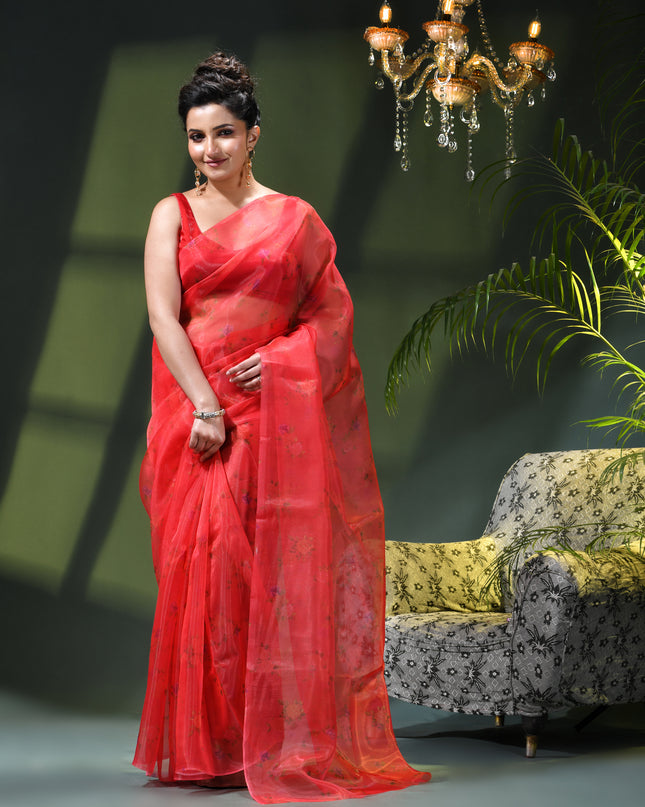 Women`s Printed Organza Saree Semi-Transparent Party, Wear weddings latest, Trending Design sarees Fancy banarasi organza silk saree for Farewell Rose Pink Sarees for Women