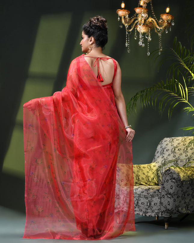 Women`s Printed Organza Saree Semi-Transparent Party, Wear weddings latest, Trending Design sarees Fancy banarasi organza silk saree for Farewell Rose Pink Sarees for Women
