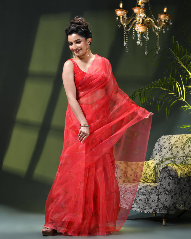 Women`s Printed Organza Saree Semi-Transparent Party, Wear weddings latest, Trending Design sarees Fancy banarasi organza silk saree for Farewell Rose Pink Sarees for Women