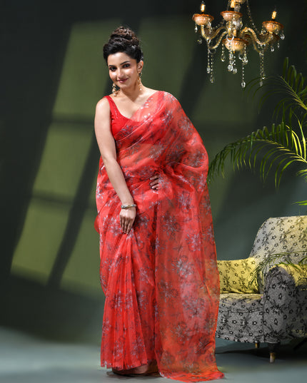 Women`s Printed Organza Saree Semi-Transparent Party, Wear weddings latest, Trending stylized Lotus Design sarees Fancy banarasi organza silk saree for Farewell Pink Sarees for Women