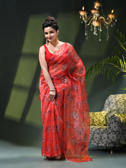 Women`s Printed Organza Saree Semi-Transparent Party, Wear weddings latest, Trending stylized Lotus Design sarees Fancy banarasi organza silk saree for Farewell Pink Sarees for Women