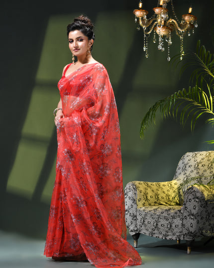 Women`s Printed Organza Saree Semi-Transparent Party, Wear weddings latest, Trending stylized Lotus Design sarees Fancy banarasi organza silk saree for Farewell Pink Sarees for Women