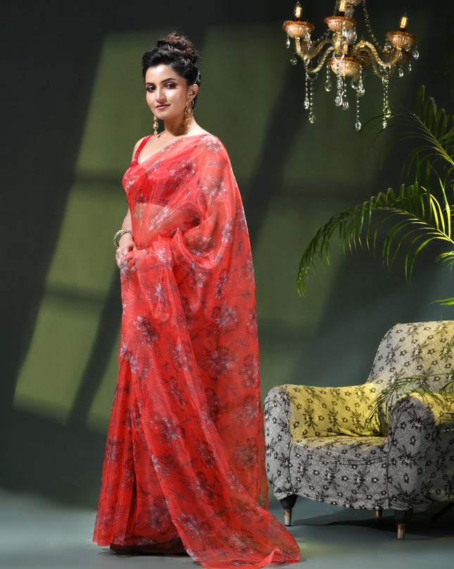 Women`s Printed Organza Saree Semi-Transparent Party, Wear weddings latest, Trending stylized Lotus Design sarees Fancy banarasi organza silk saree for Farewell Pink Sarees for Women